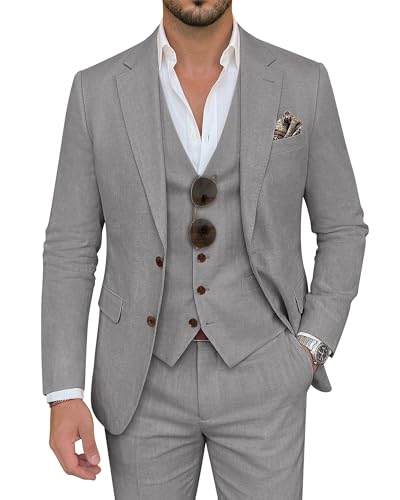 ZKHOECR Herrenanzug, 3-teilig, Leinen, schmale Passform, Blazer, Weste, Hose, Set, Hochzeit, Abschlussball, Smoking, Business, Freizeitanzug, Hellgrau, M