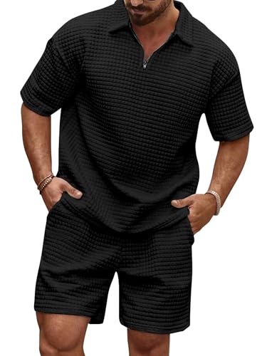 JMIERR Herren 2 Pcs Waffel Polosuit Outfits Halb Zip Polo Shirt und Short Texturiert Sommer Set,Schwarz XL