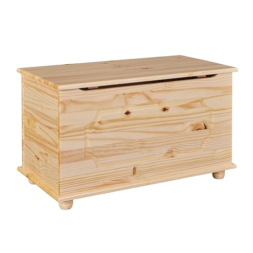 Inter Link - Spielzeugtruhe – Spielzeugkiste – Sitztruhe – Aufbewahrungstruhe – Containerbank - Kinderzimmer – Sitzbank mit Stauraum - Kiefer massivholz – Natur lackiert – Emel