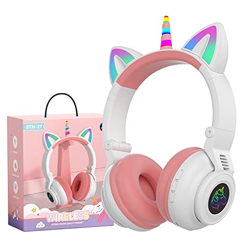 hisonic Einhorn Kopfhörer Bluetooth, kinderkopfhörer ab 3 Jahre, mit Bunte Lichter, Faltbare, Einstellbar, Kabellos und Kabel, Eingebautes Mikfon für Mädchen. (Weiß)