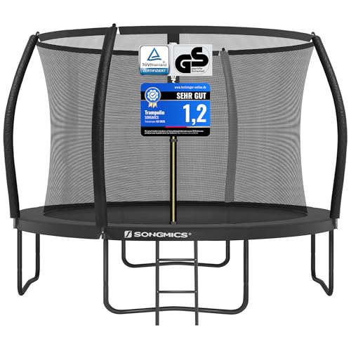 SONGMICS Trampolin 305 cm d, Gartentrampolin für Kinder mit Sicherheitsnetz, 180 cm hohe Gebogene Stangen, Randabdeckung, Leiter, Stahlrahmen, schwarz STR102B01