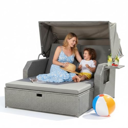Mucola Strandkorb inkl. Sonnenschutz Polyrattan Sonnenbett inkl. verstellerbarer Rückenlehne und klappbaren Seitentischen Outdoor Lounge wetterfest