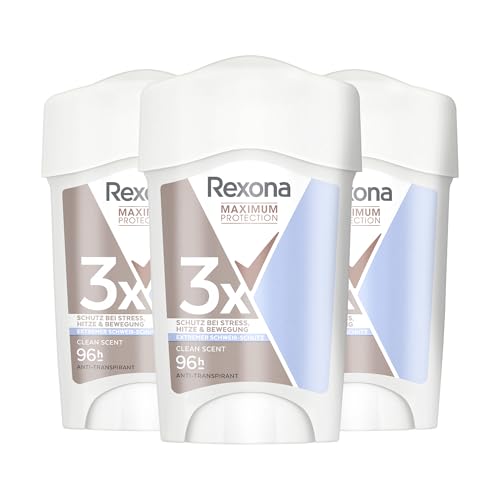 Rexona Women Maximum Protection Anti Transpirant Deo Creme Clean Scent Deodorant mit 96 Stunden Schutz gegen starkes Schwitzen und Geruch mit 3x Schutz bei Stress, Hitze & Bewegung 45 ml