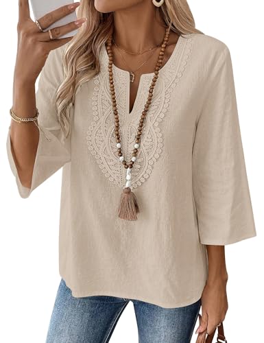 Rapbin Bluse Damen Elegante Oberteile 3/4 Arm Baumwolle Spitze Tops Tunika