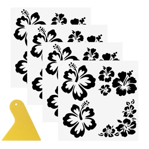APOMOONS Autoaufkleber Hibiskusblüten Schwarz 4 Blatt– PVC Blumen Sticker Selbstklebend mit Rakel – Wasserdicht UV-Beständig Abziehbilder für Auto Motorrad Fahrrad Fenster MöBel DIY Dekoration