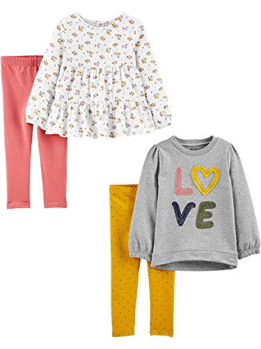Simple Joys by Carter's Mädchen 4-Piece Long-Sleeve Shirts and Pants Playwear Hosen-Set, Gelb Punkte/Grau Love/Rosa/Weiß Floral, 3 Jahre