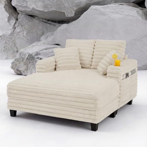 Ostarvis übergroßes Cord-Schlafsofa, 163cm Big Sofa mit stabilem Holzrahmen, Relaxliege mit 2 Getränkehaltern & 4 Taschen, gemütlicher Loungesessel für Wohnzimmer & Heimkino, Beige