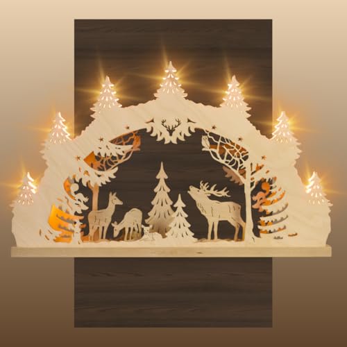 weigla - Schwibbogen original Erzgebirge I LED Lichterbogen Weihnachten I Motiv Hirschfamilie I 7 Lampenkerzen + 1 Ersatzlampe I 7 x 34 V, 0,2 W, E10 I beleuchtete Weihnachtsdeko innen