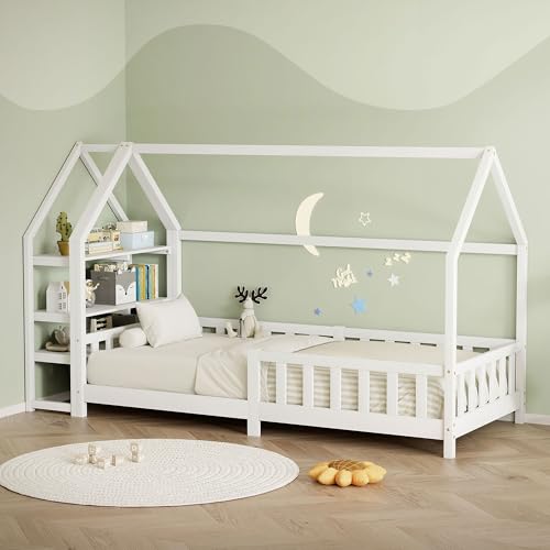 ML-Design Kinderbett Hausbett 90x200 cm mit Rausfallschutz, Regal, Dach & Lattenrost, Weiß, Bettgestell aus Kiefernholz, Montessori Bodenbett, Holzbett für Mädchen & Jungen, Jugendbett, Einzelbett