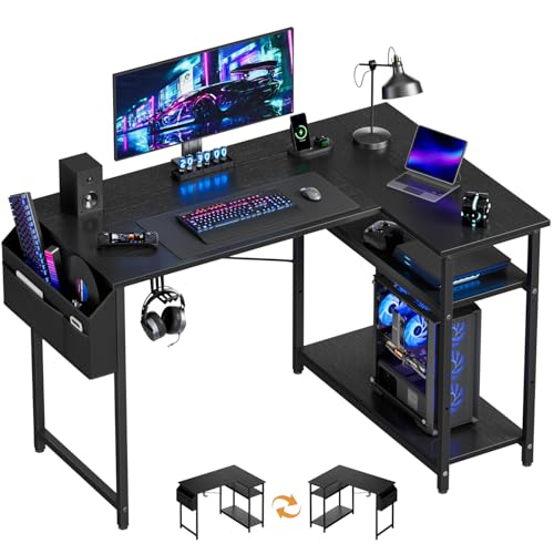 HLONONE Eckschreibtisch, Computertisch mit Verstellbare Ablagen, Umkehrbar Schreibtisch L Form mit Kopfhörer Halter & Aufbewahrungstasche, 110 x 80 cm Bürotisch für Heimbüro und Gaming, Schwarz