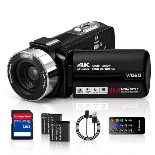 Aroeally Camcorder 4K - Videokamera 30FPS 80MP 18X Digitalzoom IR Nachtsicht Vlogging Kamera, 3,0 Zoll IPS-Bildschirm YouTube Camera mit 32GB SD-Karte, Fernbedienung und 2 Batterien