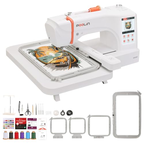 PooLin EOC07 Stickmaschine XL, computerisiert, großer Rahmen 20 x 38 cm, 7 Zoll HD-Touchscreen, WLAN-Übertragung, 200 integrierte Motive, 860 ps/min, 4 Rahmen inklusive