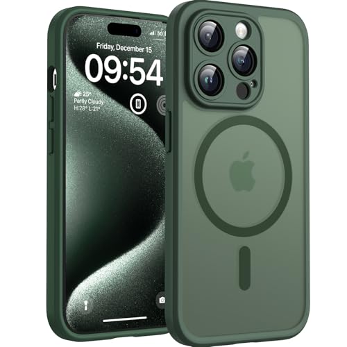 TOCOL für iPhone 15 Pro Hülle für Magsafe, Vollständiger Kameraschutz Stoßfest Kratzfest Transluzente Rückseite Magnetisch Handyhülle für iPhone 15 Pro Case, Alpengrün