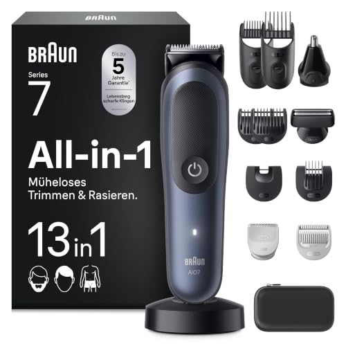 Braun Multigroom All-in-One Series 7, 13-in-1 Trimmer-Set 7, AIO7565, Blau - Barttrimmer, Nasenhaartrimmer, Haarschneidemaschine für Gesicht, Kopf und Körper, 14 Längen, 120 Min. Akku, Wasserdicht