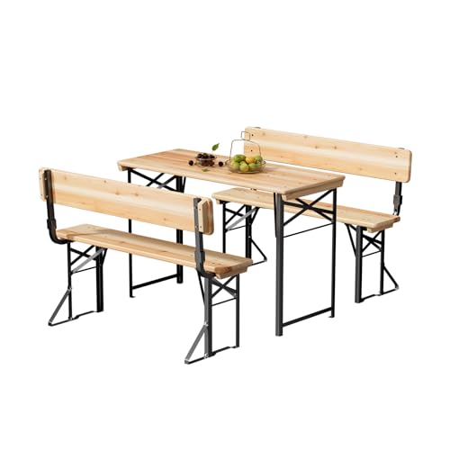 Bonnlo 3-teiliges Bierzeltgarnitur mit Rückenlehne, Gartenmöbel Set, Picknick-Set aus Tannenholz mit Metallgestell, Faltbares Camping-Möbelset für Innen & Außen, 113,5 x 50 x 74,5 cm, Naturholzfarbe