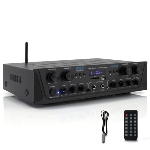 Pyle Bluetooth Stereo Verstärker 500 W – 4-Kanal Mini Receiver mit USB, AUX, FM-Radio, Subwoofer RCA & Mic Eingang, Talk Over Funktion mit Echo Kabelloses Streaming, Für Heimkino, Studio & PA-Anlage