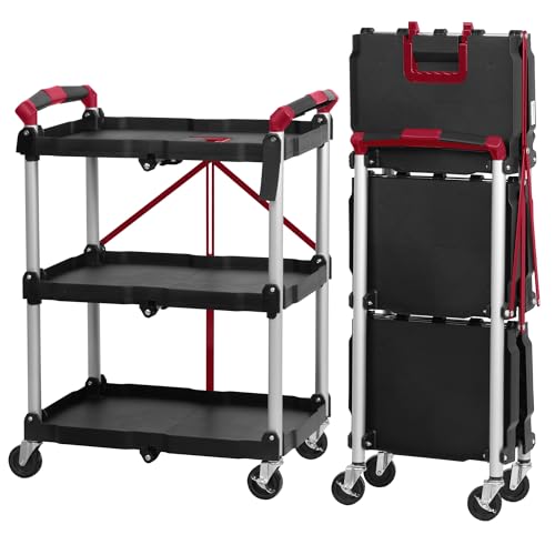 Mahlzeit Faltbarer Servierwagen mit Rollen | 64 x 40,5 x 82 cm, Bis zu 150 kg Belastbar | Rot/Schwarz | dreistufiges Faltregal, Klappregal mit 3 Etagen | Klappbares Standregal, Klappbares Regal