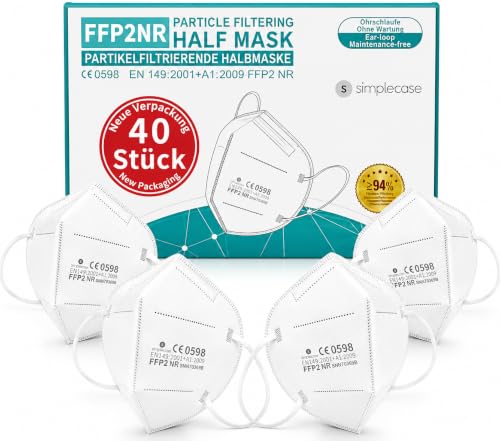 SIMPLECASE 40 X, FFP2 Masken, CE Zertifiziert von offiziell benannter Stelle CE2834/0598, Atemschutzmaske, Partikelfiltermaske, 1 Packung (40 Stück), Weiß