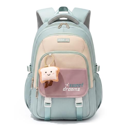 Amythe Schulrucksack Teenager - 30L Schulranzen für Mädchen ab 3. Klasse, Großer Rucksack für Mittel- und Oberstufe, Lässiger Kinderrucksack mit Süßem Anhänger und Trolleyband, Grün