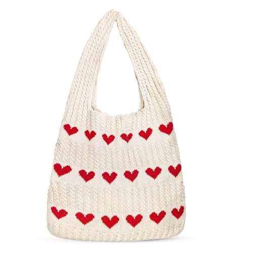 Oerphh Beige Strandtasche Damen Handtasche Gestrickte Tasche Herz Umhängetasche Shopper Tote Bag für Damen, Shopper Tasche für Einkaufen, Urlaub & Reisen