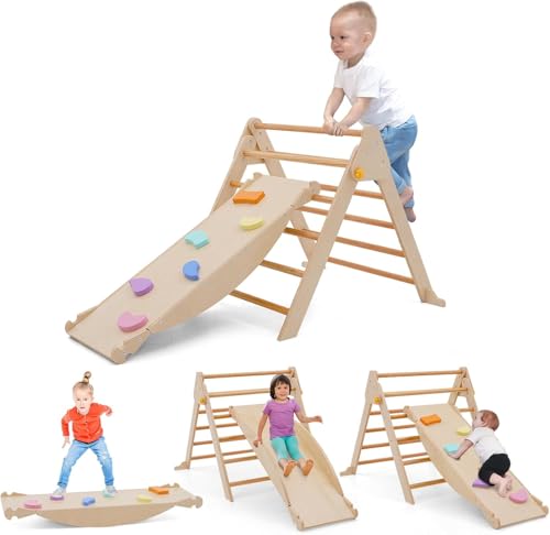 4-in-1 Montessori Kletterdreieck, Klettergerüst Indoor mit Rutsche, Kletterleiter und Kletterbogen, Wippe, Faltbares Holz Klettern Spielzeug Indoor Outdoor Set, Indoor Spielplatz 1-5 Jahre