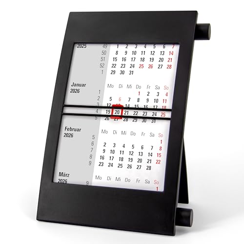 3-Monatskalender Tisch 2026 2027 - Büro & Homeoffice Tischkalender mit Drehmechanik - 2-Jahres-Kalender - schwarz/schwarz/rot - Truento