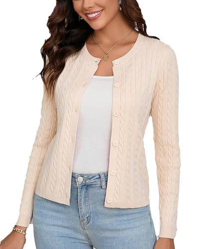 Dosieyeo Damen Strickjacke Langarm Cardigan mit Knöpfen Elegant Casual Rundhals Strickweste Zopfmuster Weiche Warme Jacke beige,M