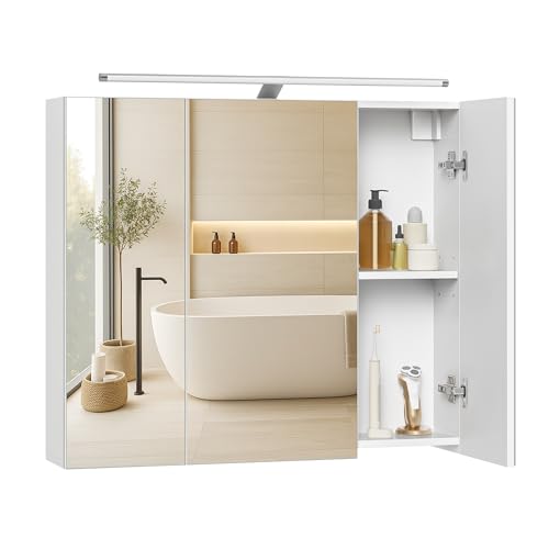 VASAGLE Spiegelschrank Bad mit Beleuchtung, mit 3 Türen, 15 x 70 x 60 cm