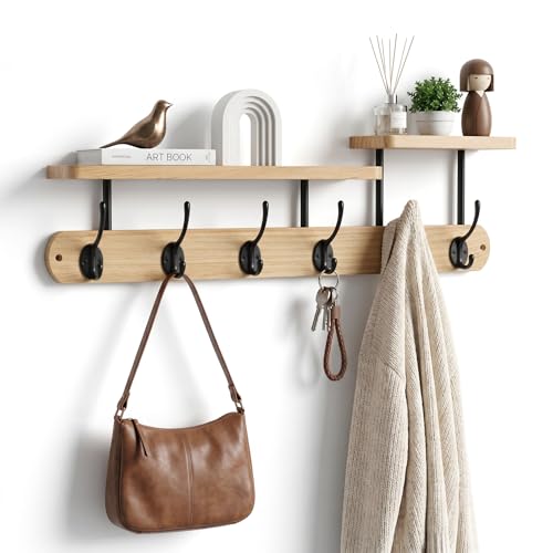 Wandgarderobe mit Ablage,Garderobenhaken Holz,Garderobenleiste Holz mit 6 Haken für Flure,Garderoben,Schlafzimmer(59CM) (Natürliche)