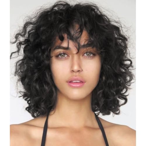 Siudus Damen Schwarz Kurze Lockige Perücke mit Pony Bob Locken Perücke Schulterlänge Hitzebeständige Faser Haar Perücken für Daliy Party Cosplay Halloween Gebrauch