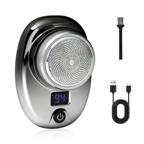 Mini Rasierer Herren Elektrisch, 6-Klingen Trockenrasierer mit LED-Akku-Anzeige, Rotationsrasierer Tragbarer mit Reinigungsbürste, USB-Aufladbar, Ideal für Reisen, Auto, Büro & Urlaub