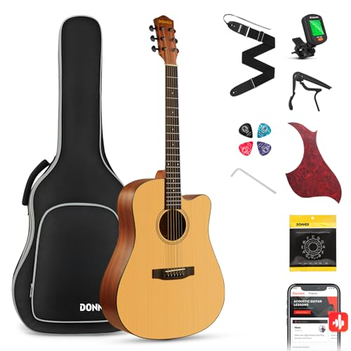 Donner Akustik Gitarre 4/4 Anfänger Erwachsene Akustikgitarre Cutaway Einsteiger Kit 41 Zoll voller Größe Gitarren Starter Mahagoni Fichte mit 6 Saiten Tasche Capo Plektren Gurt