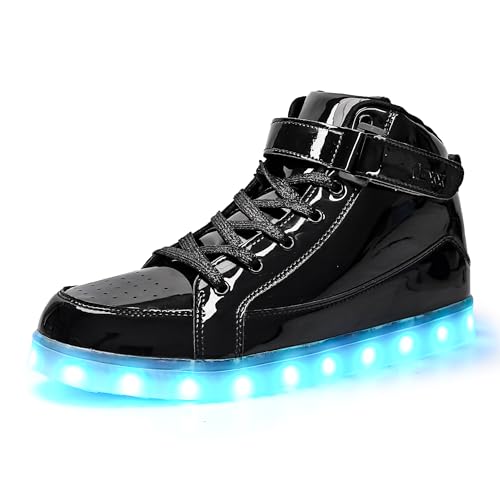 IGxx LED-Schuhe für Herren, hohe LED-Sneaker, USB-Aufladung, leuchtende blinkende Schuhe, LED-Kinder, Schwarz glänzend, 7.5 Women/6 Men