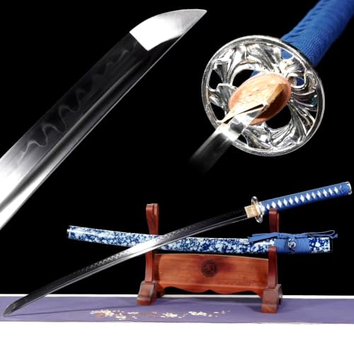 KWXPW 103cm Japanisches Katana-Schwert,T10-Stahl Klinge,Holz Saya,blaues Samuraischwert,Handgeschmiedet echt Samurai-Schwert zur Präsentation,Requisiten,Dekoration,Cosplay