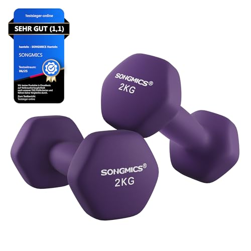 SONGMICS Kurzhanteln, 2er Set, 2 x 2 kg, rutschfeste Hanteln mit matter Beschichtung aus Neopren, Heimtraining, Krafttraining, lila SYL64PL
