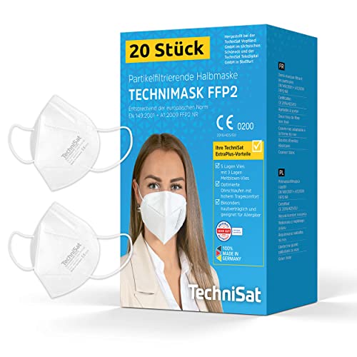 TechniSat TECHNIMASK FFP2 Maske – 20 Stück Atemschutzmaske (5-lagig mit 3x Meltblown-Vlies, Masken 100% Made in Germany) Farbe: Weiß