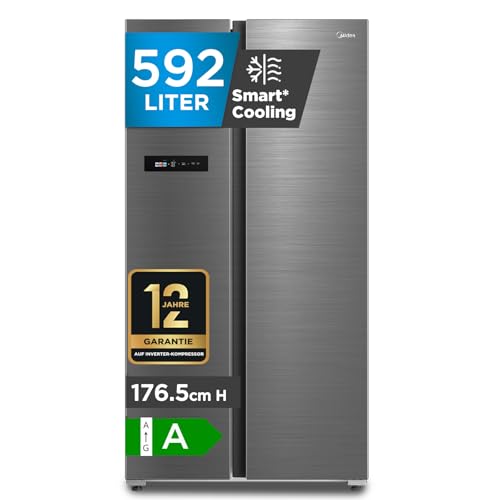 Midea MDRS791MYA46 Side-by-Side Kühl-/Gefrierkombination/No Frost/Inverter Compressor/176,5 cm hoch/379 L Kühlen/213 L Gefrieren/Doppelte Steuerung/SuperCool/LED-Beleuchtung/35dB/Bru-Stahl