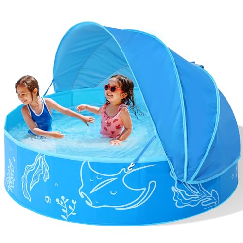 Hikiddy Planschbecken mit Schatten:31.5Zoll /47 Zoll / 63 Zoll Pop-Up Splash Pool mit Schatten für Sommer Strand Garten (Blau, 120CM)