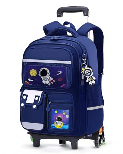 Amythe Schulranzen Jungen mit Trolley, Wasserdichter Schulrucksack mit Reflektoren für Grundschule, Jungen Schultasche mit Rollen, Schultrolley für 1.-4. Klasse, 6 Räder, Blau