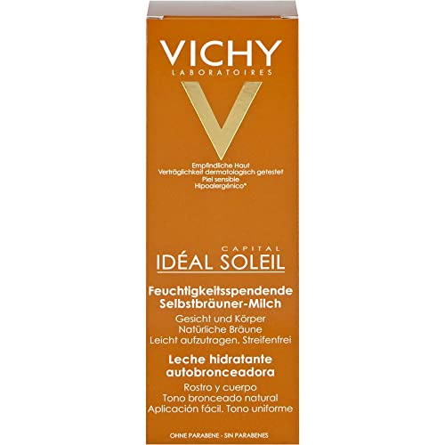 Vichy Ideal Soleil Selbstbräuner-Milch für Gesicht und Körper, Selbstbräuner mit Sheabutter, Für bis zu 8 Stunden Feuchtigkeit und eine einheitliche Bräune, 100 ml