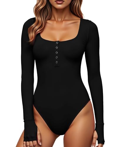 GJY Damen Bodysuits,Druckknopf-Verschluss Rundhalsausschnitt Lange Ärmel Lässiger Schmal Geschnittener Jumpsuit,Hemden Oberteile,Schwarz