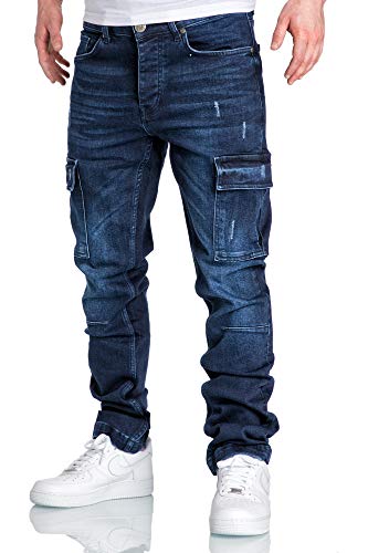 Amaci&Sons Herren Cargo Jeans Regular Slim Denim Hose Destroyed 7985 Dunkelblau W36/L34