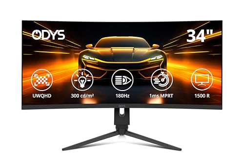ODYS XP34 PRO-X Curved Gaming Monitor – 34 Zoll (86 cm) UWQHD (3440x1440), 180 Hz (DP), 1ms Reaktionszeit (MPRT),125% sRGB, HDR10, FreeSync/G-Sync komp., 1500R, Pip/PBP, 2X HDMI 2.1, 2X DisplayPort