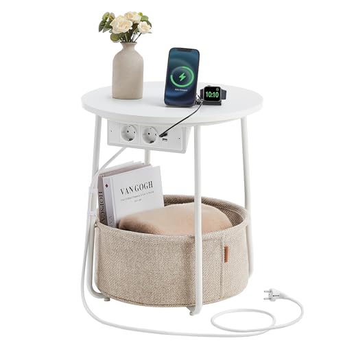 VASAGLE Beistelltisch rund, Couchtisch mit Steckdose, Korb aus Stoff