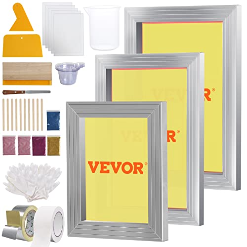 VEVOR Siebdruck Kit, 3 STK. Aluminium Siebdruck Rahmen 6x10/8x12/10x14 Zoll 110 Mesh, 5 Glitter & Siebdruck Rakel & Folien für T-Shirts, DIY Druck usw.