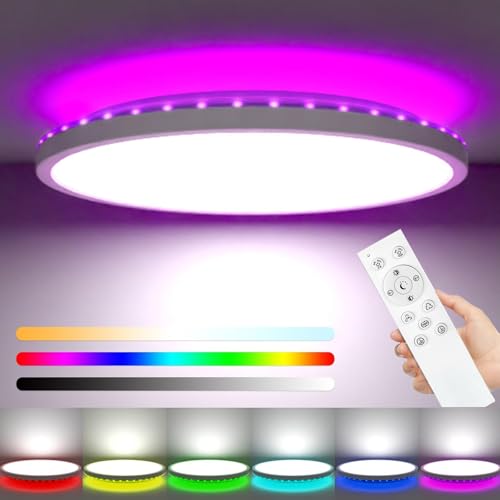 zemty LED Deckenleuchte Dimmbar 30CM, 24W 3200LM RGB Deckenlampe Farbwechsel, 3000K-6500K Badezimmer Lampe IP54 Wasserfest, Flach Badlampe Decke für Bad Kinderzimmer Schlafzimmer Wohnzimmer