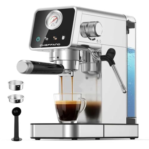 CHEFFANO Espressomaschine 1350W mit 15 Bar Pumpe – Touchscreen, leistungsstarker Dampfstab, 1.1L abnehmbarer Wassertank, Edelstahlgehäuse & Tassenaufwärmfunktion