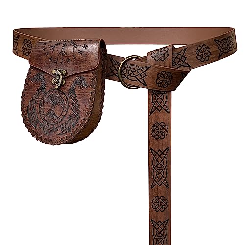 HiiFeuer Mittelalter Kunstleder O-Ring Gürtel, Geprägter Gürteltasche Set