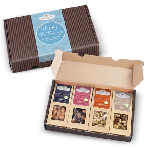 WELLNUSS Happy Birthday Geschenkbox – 4 edle Snack-Sensationen im Geschenkkarton – Premium Nüsse & Trockenfrüchte – Best of Nuts Feinkost-Präsent für Geburtstag & Kollegen + Grußkarte (4 x 60-70 g)