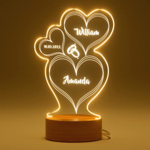 Bemaystar Personalisierte Herz Lampe mit Gravur - LED Herz Nachtlicht mit mit Namen und Datum und Mehreren Lichtern, Jahrestag, Valentinstag, Romantische Geschenke für Frauen
